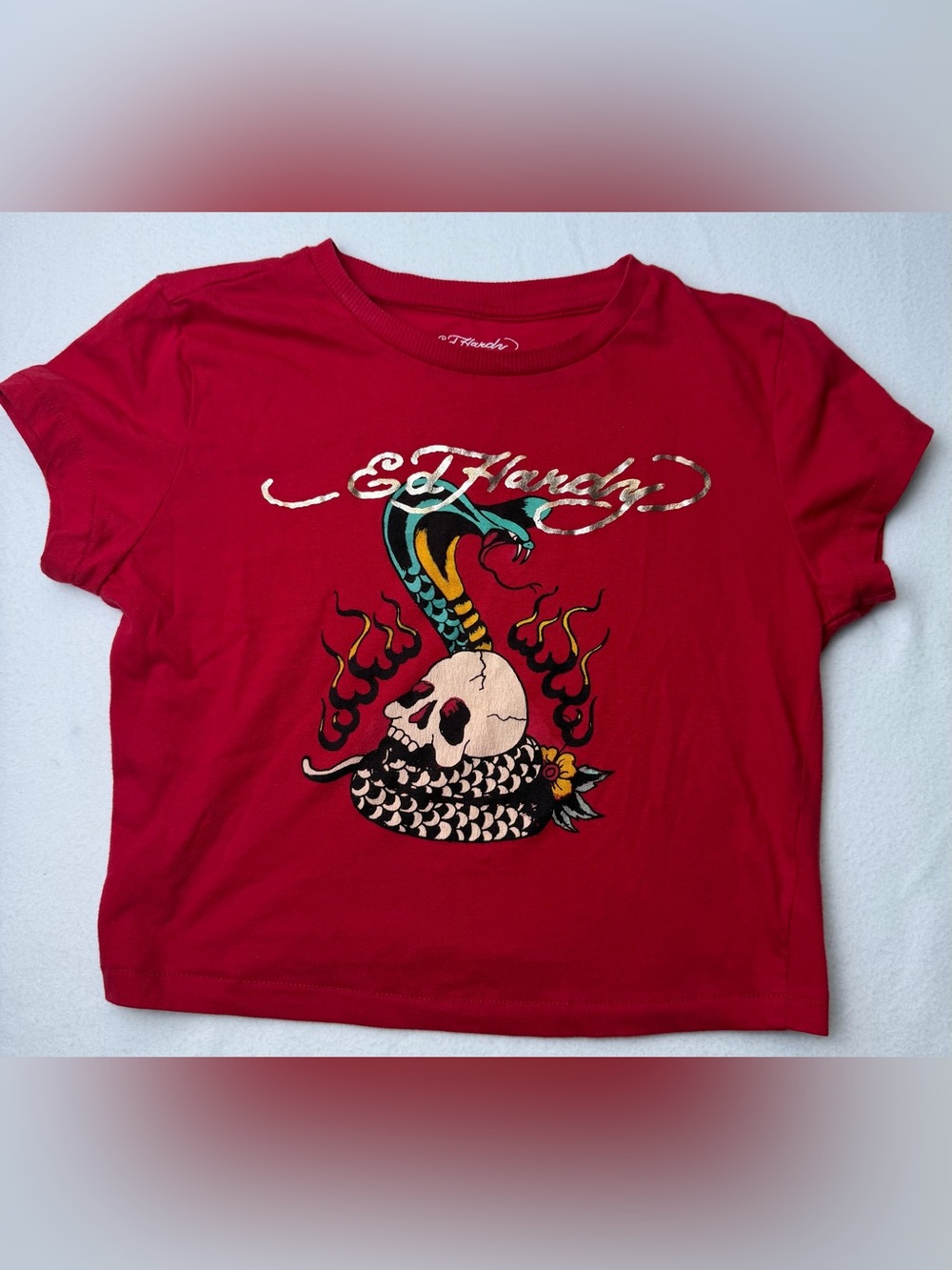 Ed Hardy Baby tee Red Short-Sleeve with Snake, Skull & Flame Graphic